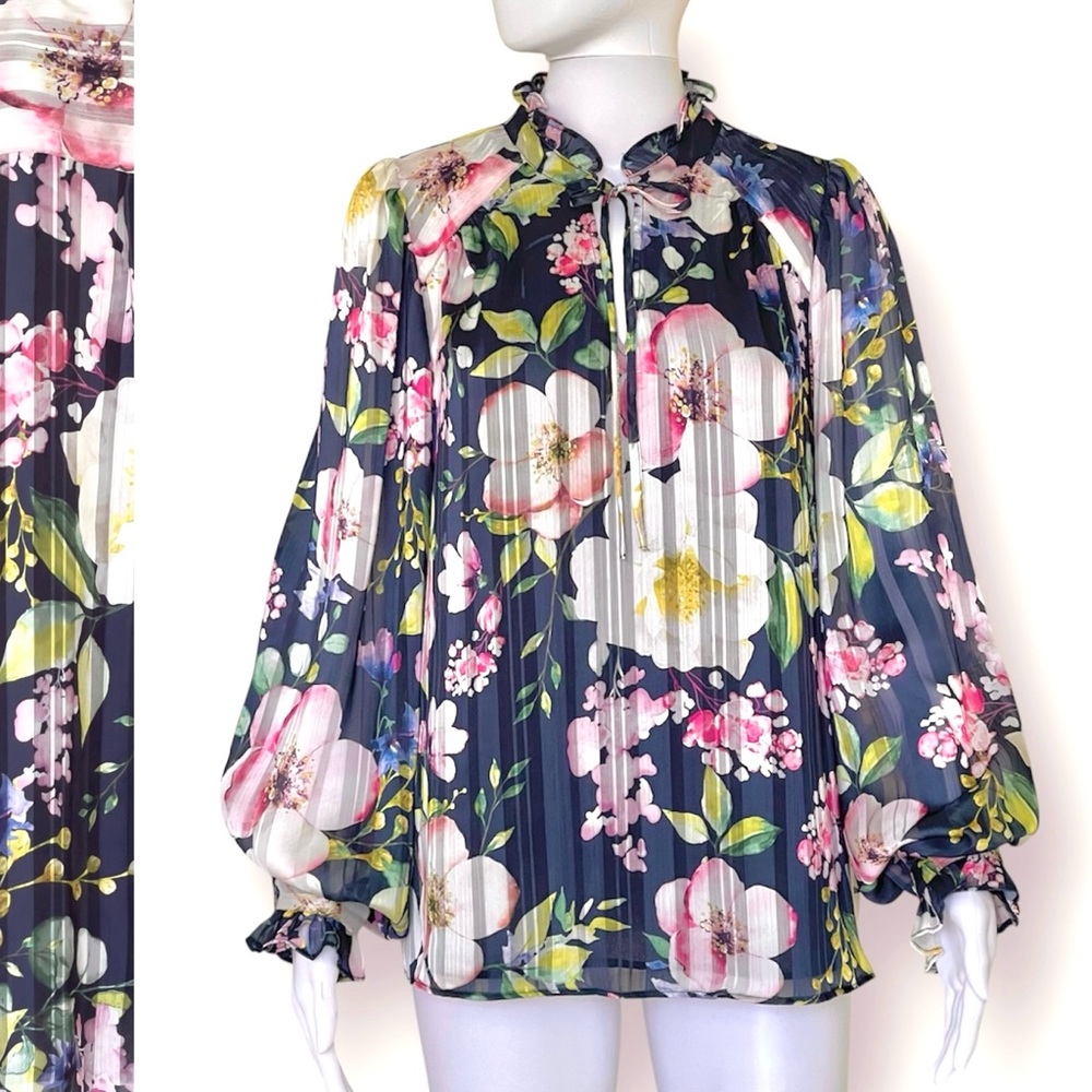 JOIE Anthropologie Chiffon Floral Blouse Ruffle Mock Neck Long Sleeve Lined